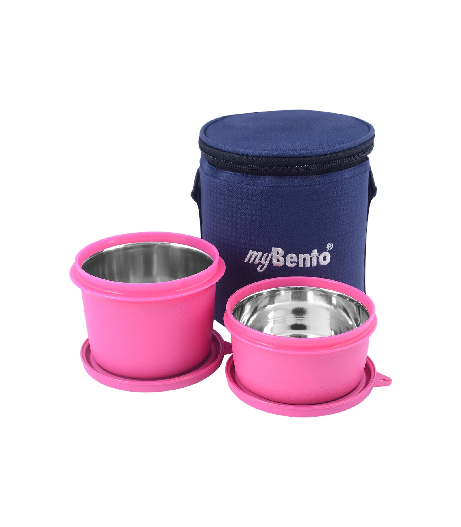 Pink bento boxes with a blue insulated bag on a light gray background