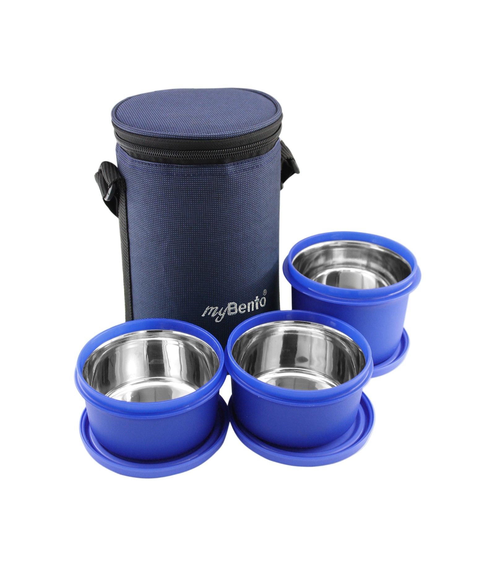 Set of blue pet travel bowls with a carrying case on a white background